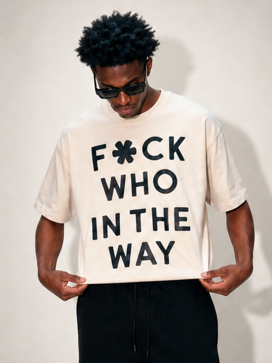 man wearing off-white cropped ultra heavy cotton raw hem t-shirt . syled