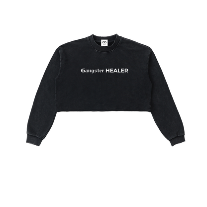 Gangster Healer Snow Washed Raw Edge Cropped Sweatshirt