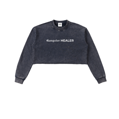 Gangster Healer Snow Washed Raw Edge Cropped Sweatshirt