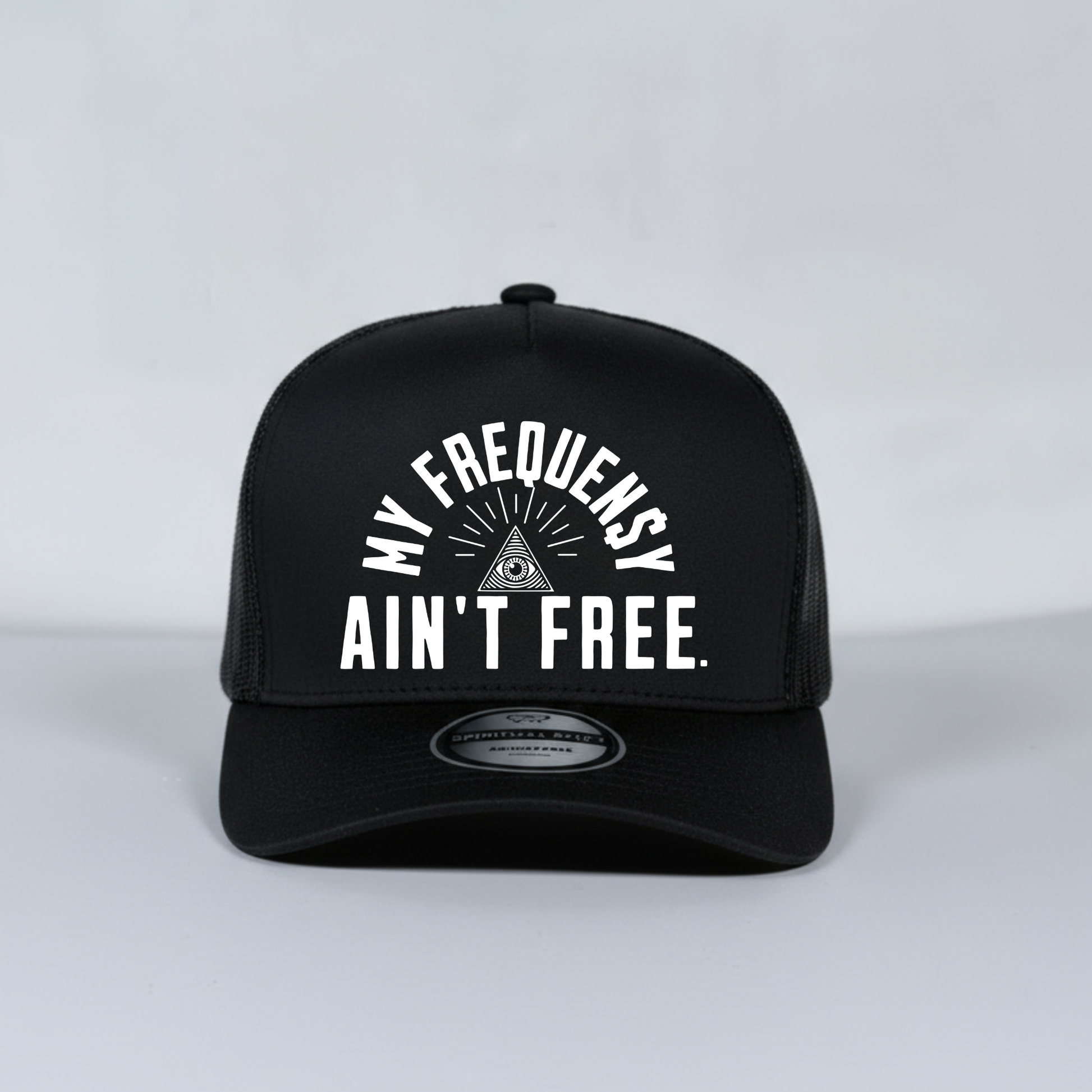 Black mesh cap with white text on a light gray background