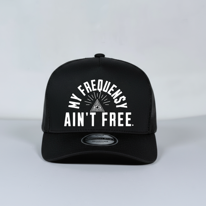 Black mesh cap with white text on a light gray background