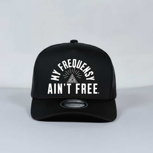 Black mesh cap with white text on a light gray background