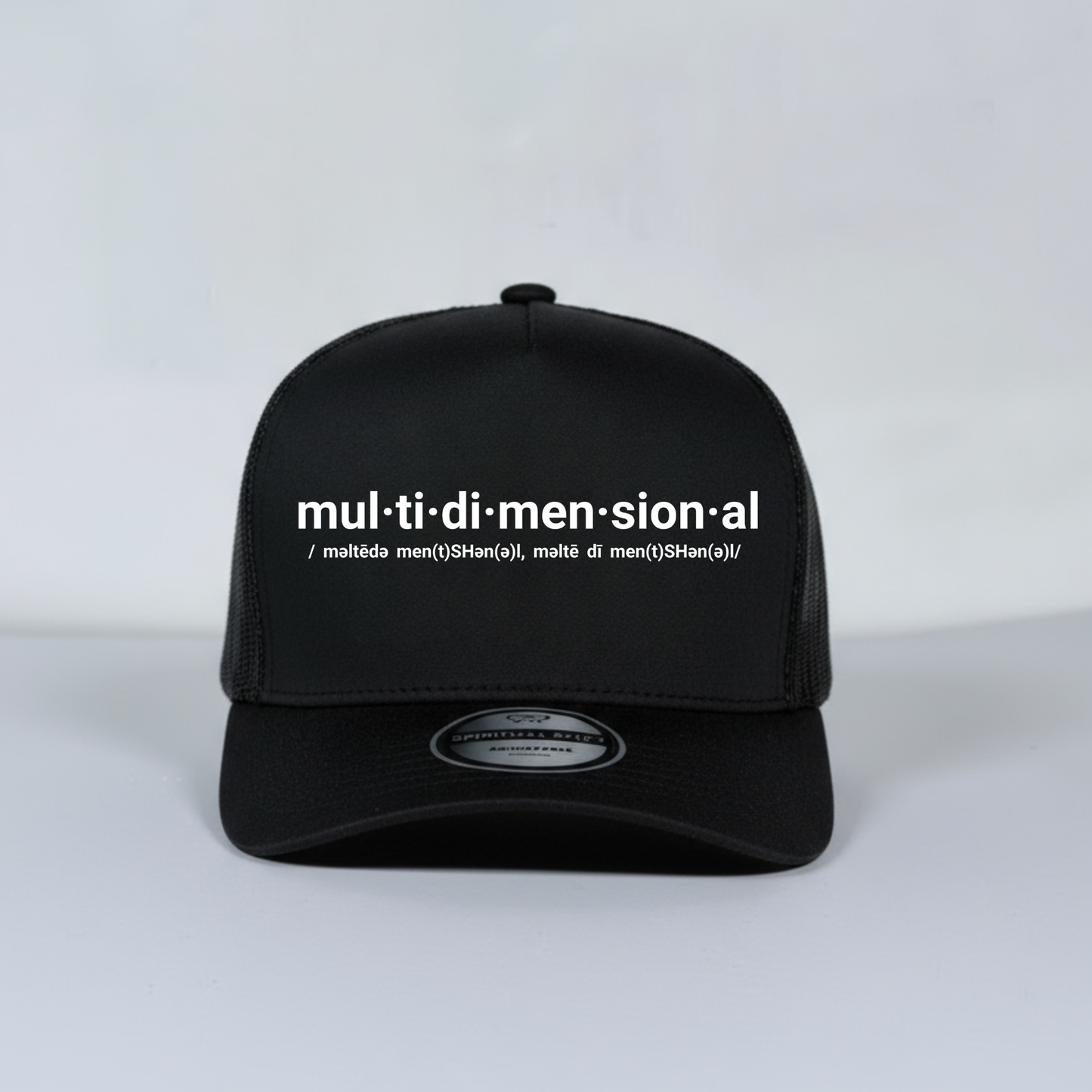 Black mesh cap with white text on a light gray background