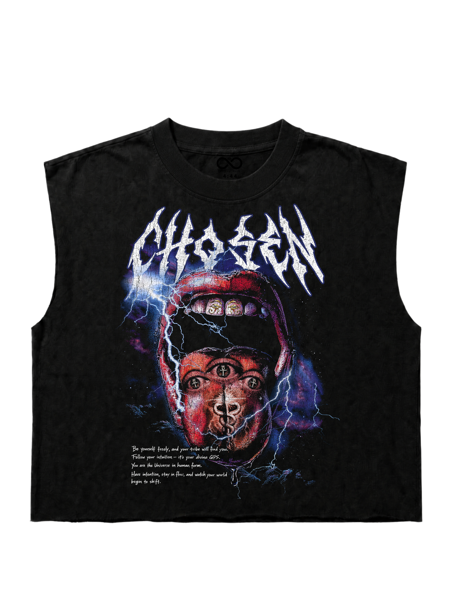Chosen Energy Black Cropped Sleeveless Tee – Raw Ultra Heavy Cotton Hem 100% Cotton Spiritual Streetwear, Oversized Cut-Off Muscle Shirt