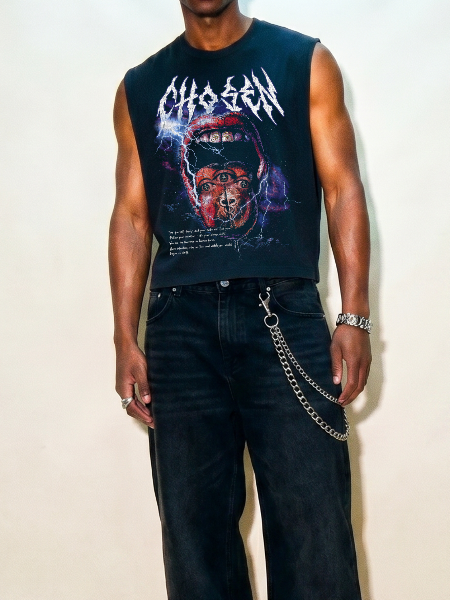 Chosen Energy Black Cropped Sleeveless Tee – Raw Ultra Heavy Cotton Hem 100% Cotton Spiritual Streetwear, Oversized Cut-Off Muscle Shirt