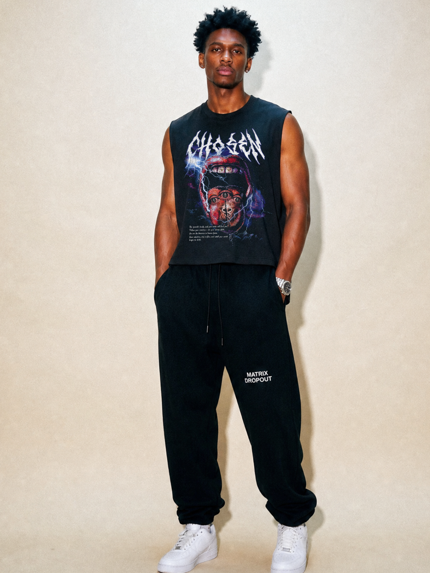 Chosen Energy Black Cropped Sleeveless Tee – Raw Ultra Heavy Cotton Hem 100% Cotton Spiritual Streetwear, Oversized Cut-Off Muscle Shirt