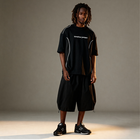 Person wearing a black contrast t-shirt and shorts with 'timeline jumper' text on a gray background