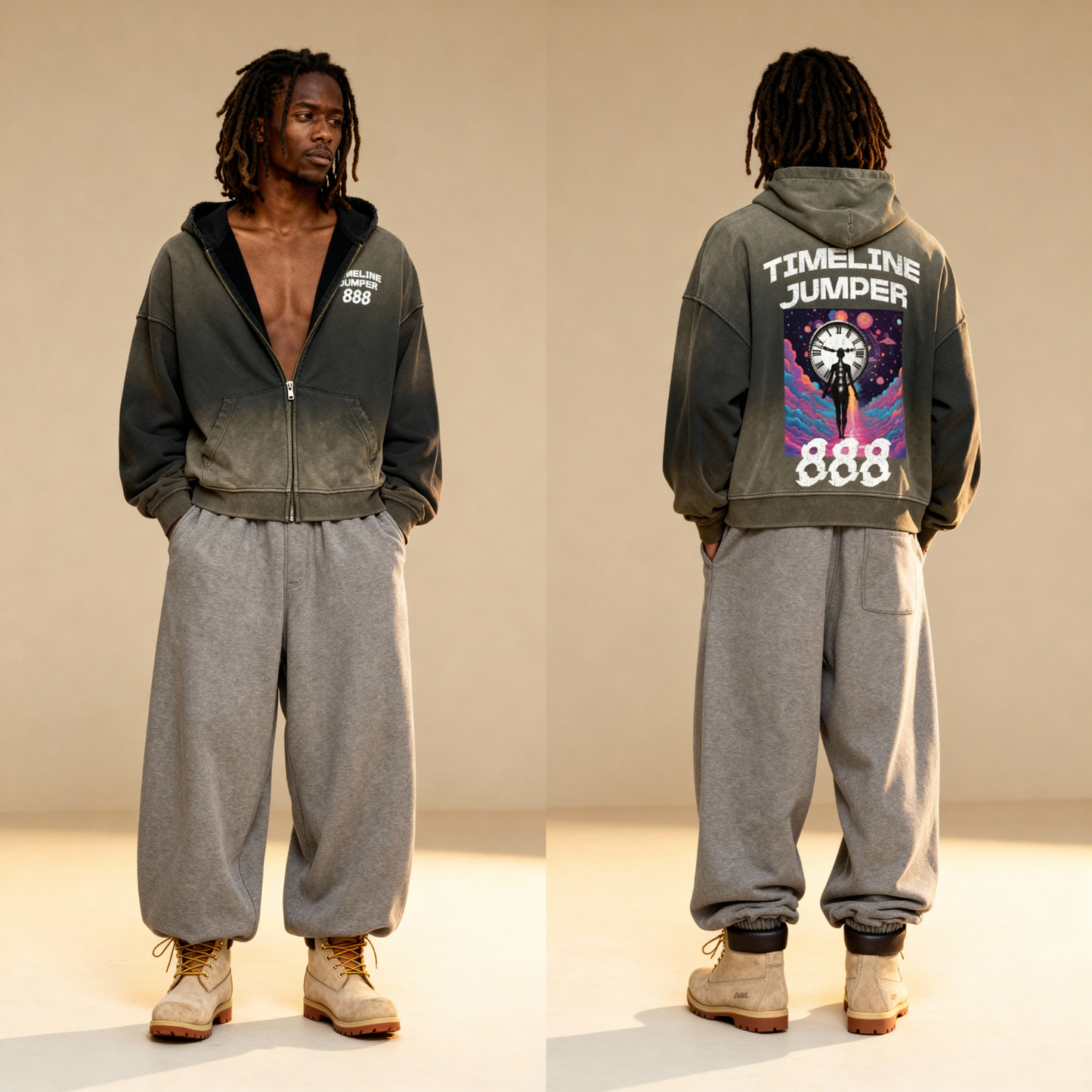 Glitch Timeline Jumper Washed Distressed Zip-Up Hoodie