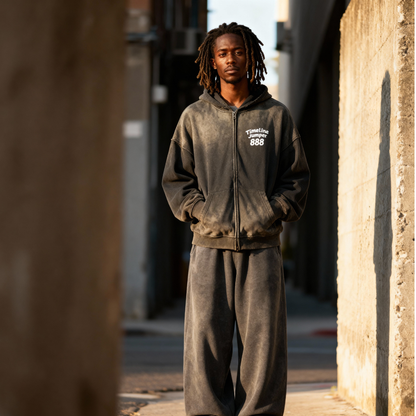 Glitch Timeline Jumper Washed Distressed Zip-Up Hoodie