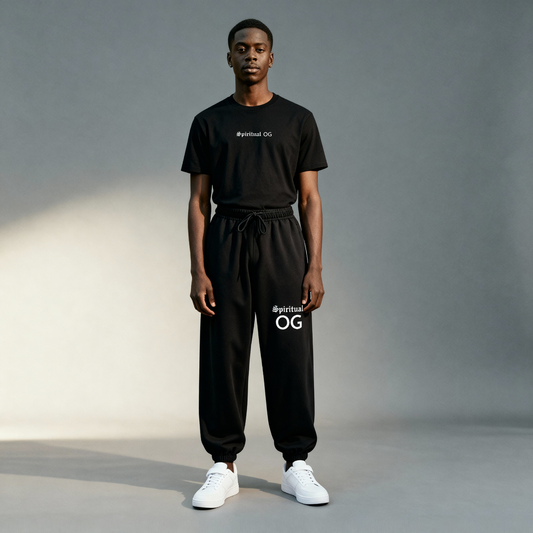 Person wearing a black outfit with 'OG' branding on a gray background