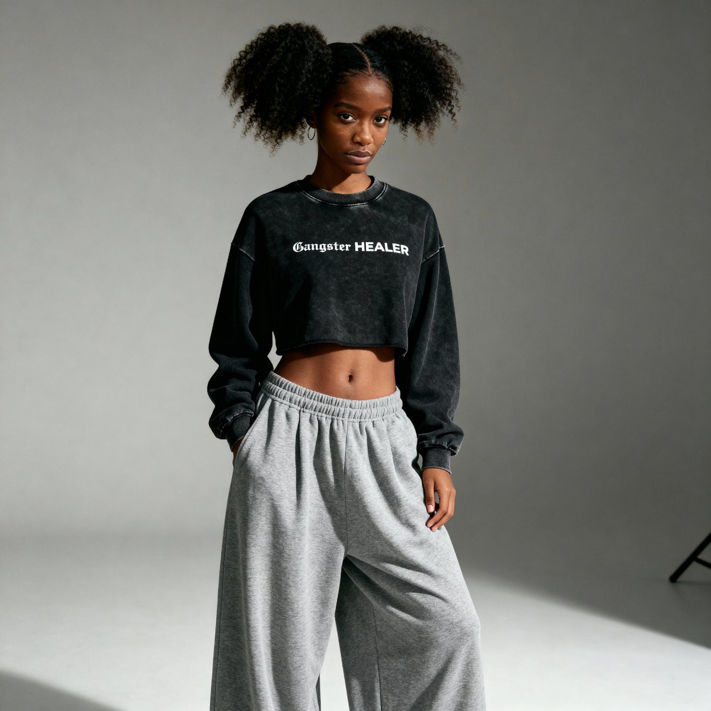 Gangster Healer Snow Washed Raw Edge Cropped Sweatshirt