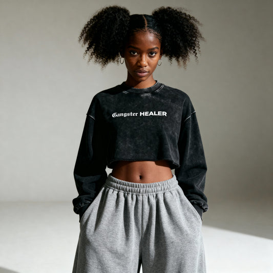 Gangster Healer Snow Washed Raw Edge Cropped Sweatshirt
