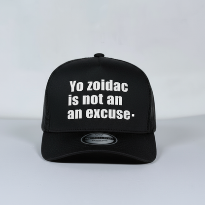 Mesh Black Zodiac trucker hat with white text on a light gray background