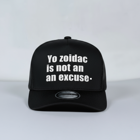 Mesh Black Zodiac trucker hat with white text on a light gray background