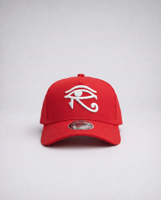 Red cap with eye of horus logo and light gray background