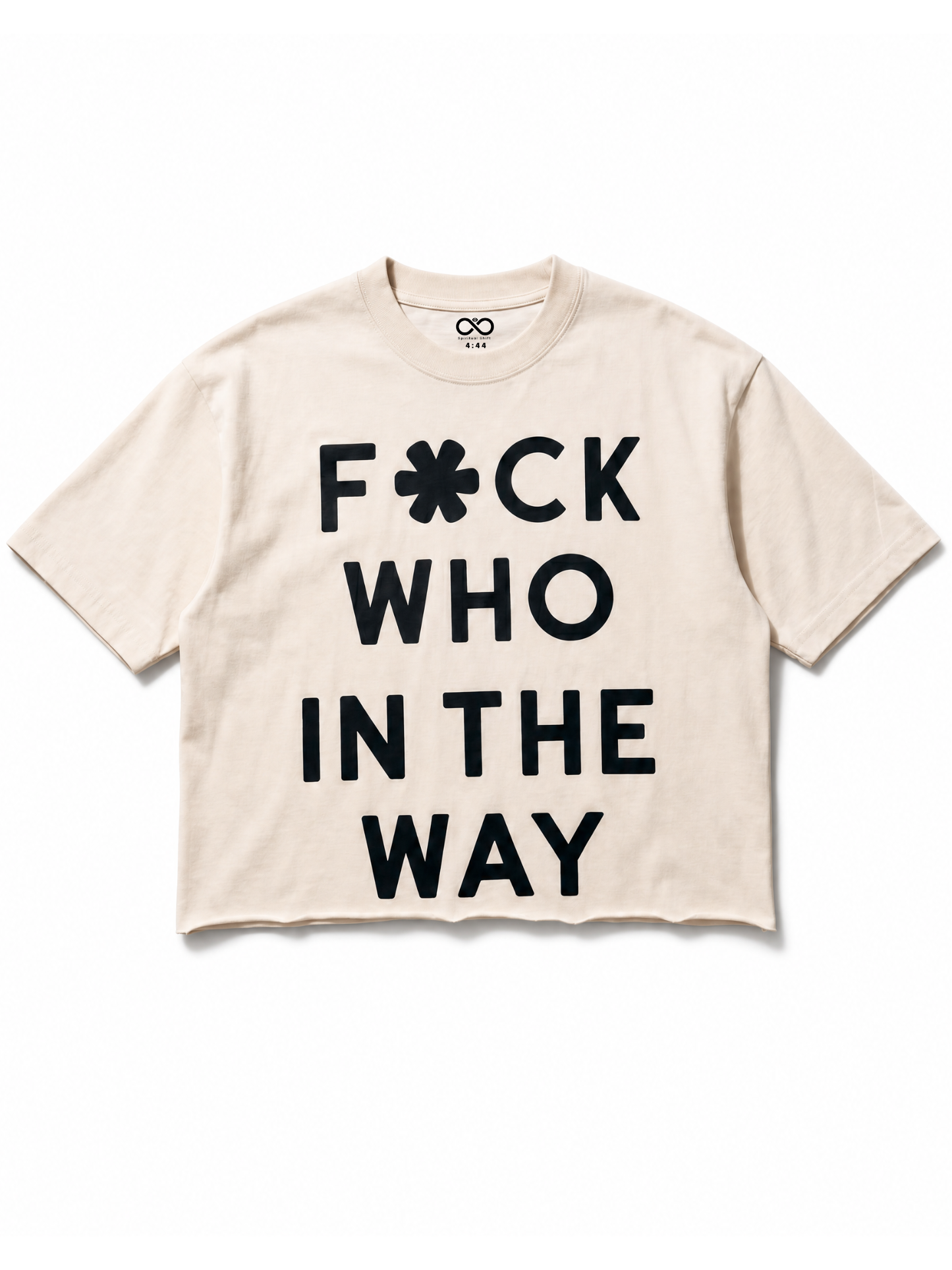 Product shot of off-white cropped ultra heavy cotton raw hem t-shirt. 