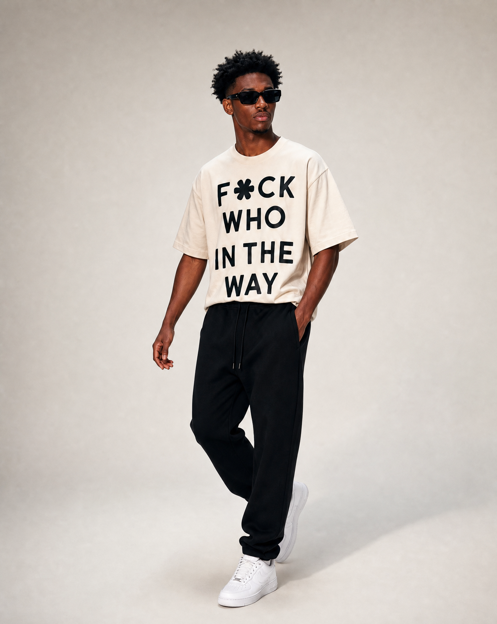 man modeling wearing off-white cropped ultra heavy cotton raw hem t-shirt. 