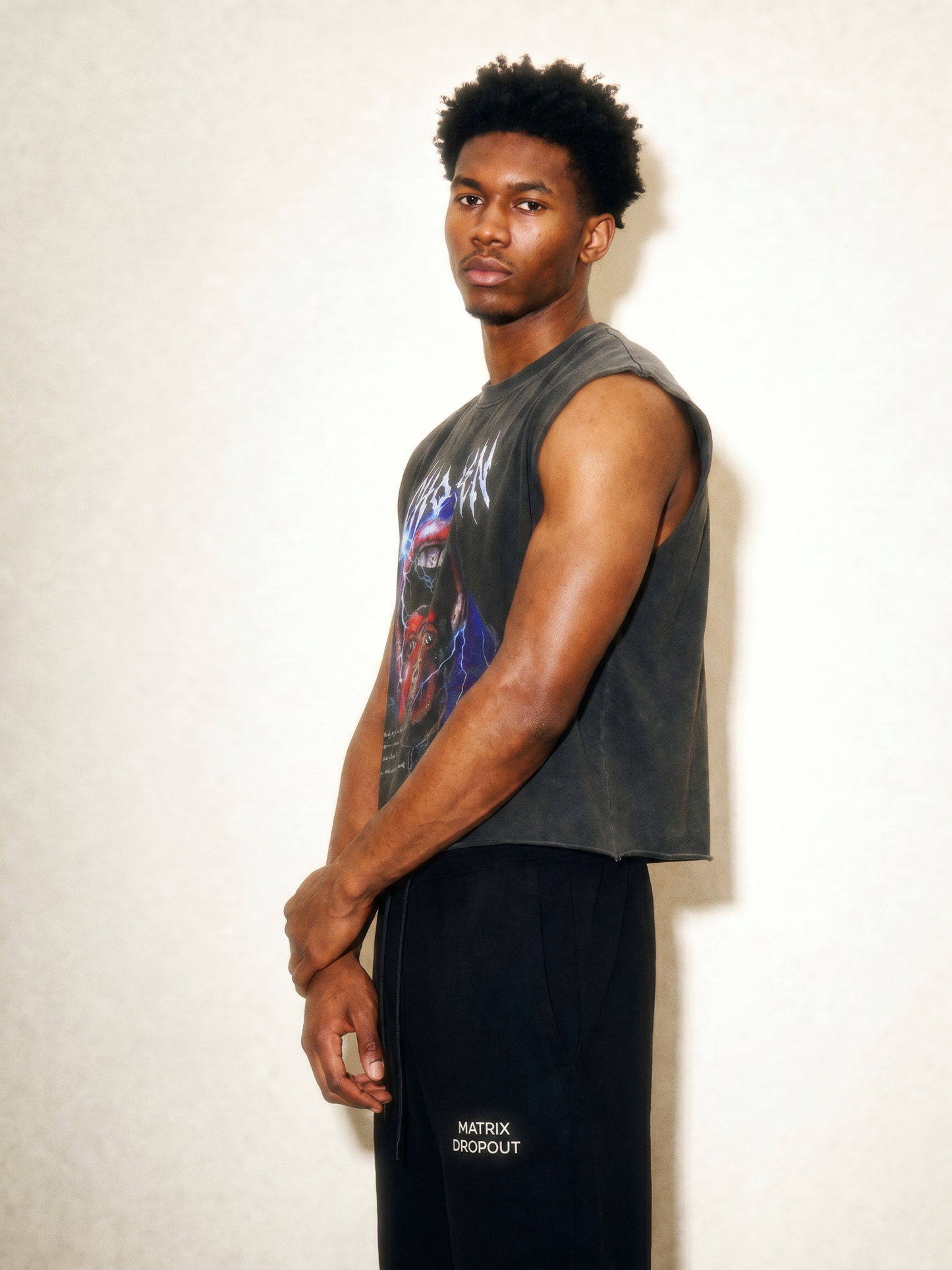 Chosen Energy Washed Grey Cropped Sleeveless Tee – Raw Heavy Cotton Hem 100% Cotton Spiritual Streetwear, Oversized Cut-Off Muscle Shirt