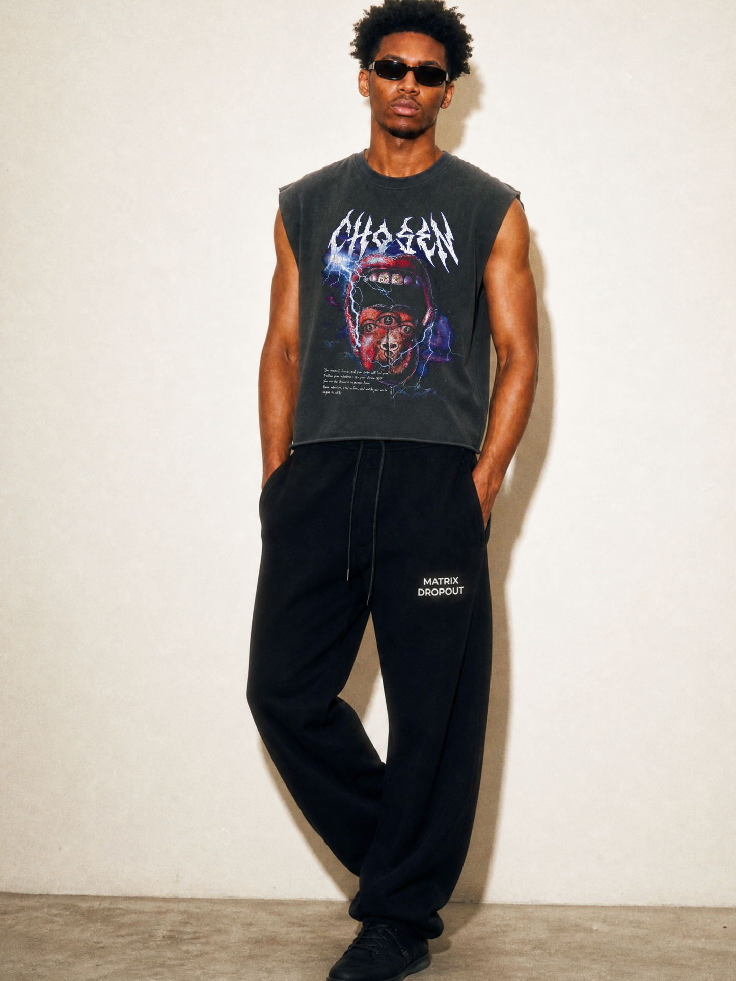 Chosen Energy Washed Grey Cropped Sleeveless Tee – Raw Heavy Cotton Hem 100% Cotton Spiritual Streetwear, Oversized Cut-Off Muscle Shirt
