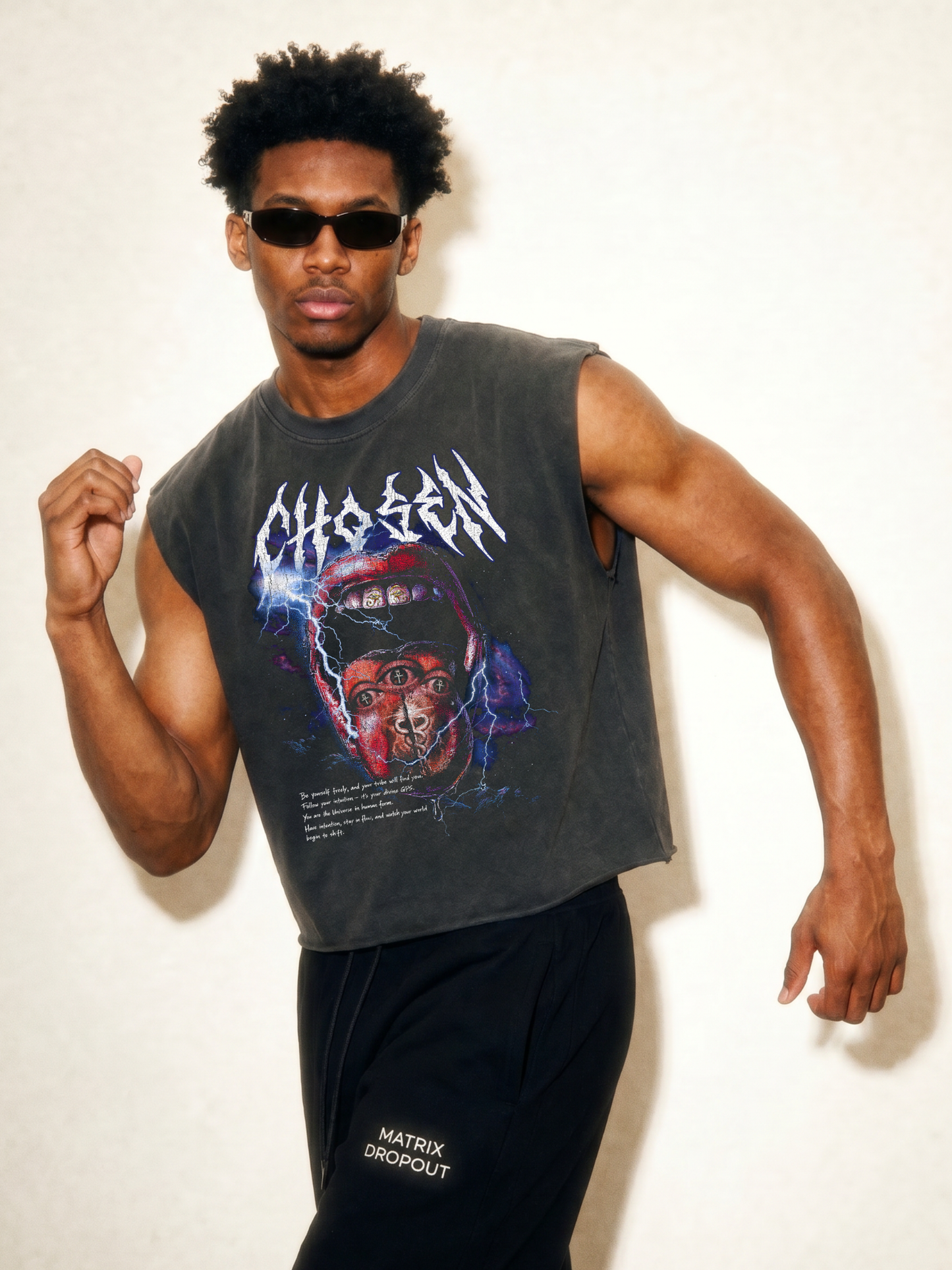 Chosen Energy Washed Grey Cropped Sleeveless Tee – Raw Heavy Cotton Hem 100% Cotton Spiritual Streetwear, Oversized Cut-Off Muscle Shirt
