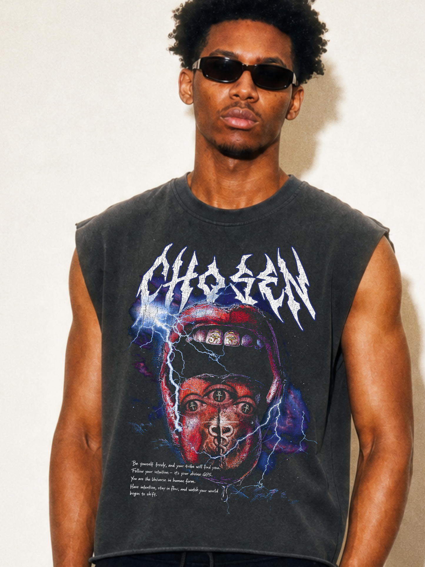 Chosen Energy Washed Grey Cropped Sleeveless Tee – Raw Heavy Cotton Hem 100% Cotton Spiritual Streetwear, Oversized Cut-Off Muscle Shirt