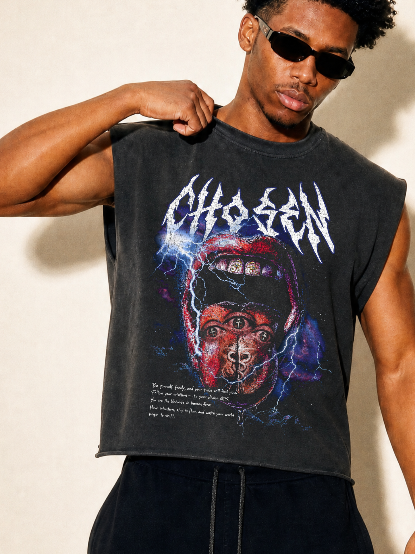 Chosen Energy Washed Grey Cropped Sleeveless Tee – Raw Heavy Cotton Hem 100% Cotton Spiritual Streetwear, Oversized Cut-Off Muscle Shirt
