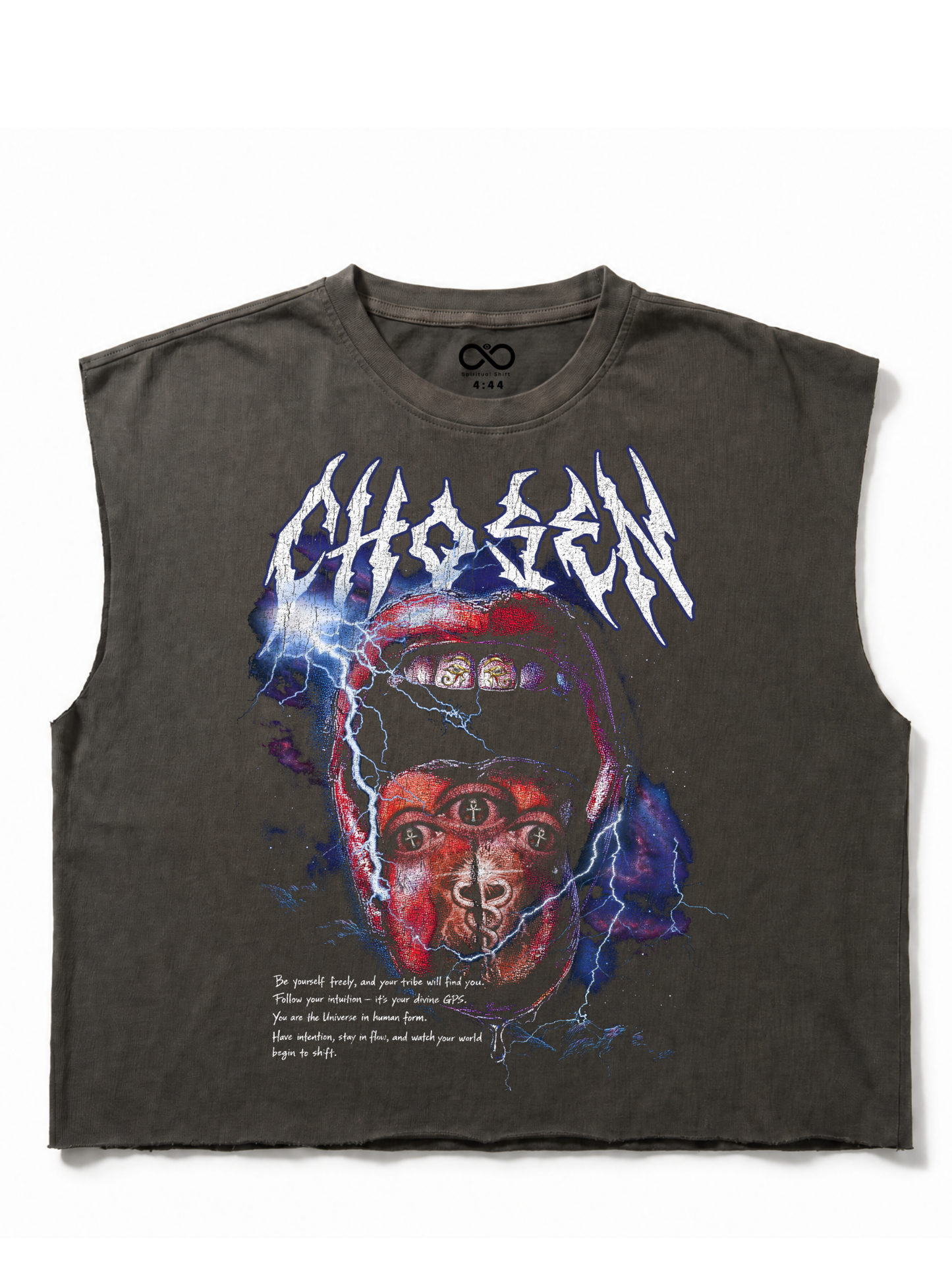 Chosen Energy Washed Grey Cropped Sleeveless Tee – Raw Heavy Cotton Hem 100% Cotton Spiritual Streetwear, Oversized Cut-Off Muscle Shirt
