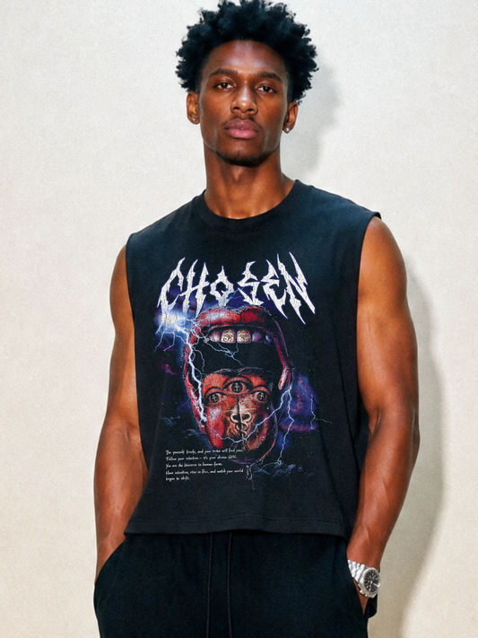 Chosen Energy Black Cropped Sleeveless Tee – Raw Ultra Heavy Cotton Hem 100% Cotton Spiritual Streetwear, Oversized Cut-Off Muscle Shirt