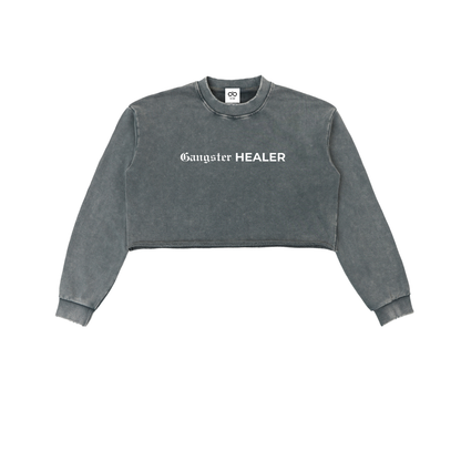 Gangster Healer Snow Washed Raw Edge Cropped Sweatshirt