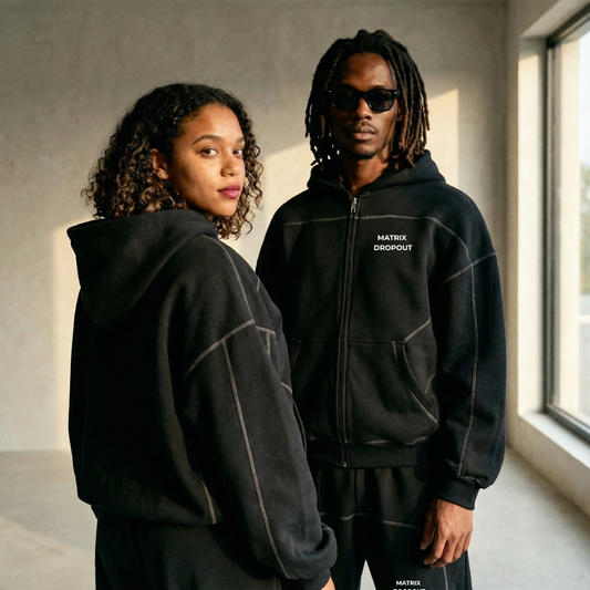 Matrix Dropout Contrast-Stitched Boxy Fleece Zip Hoodie