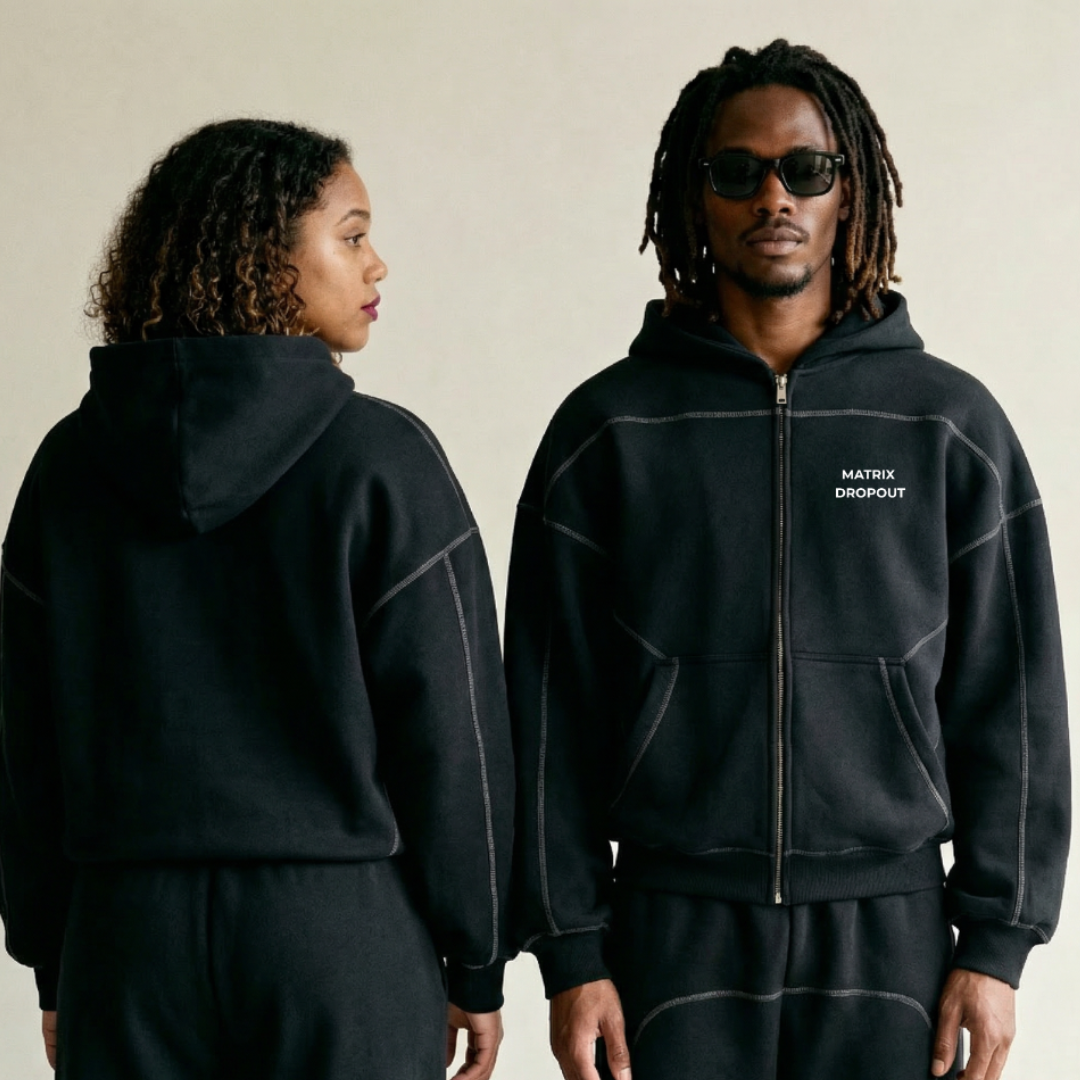 Matrix Dropout Contrast-Stitched Boxy Fleece Zip Hoodie