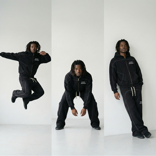 Person wearing a black tracksuit with white text on a white background