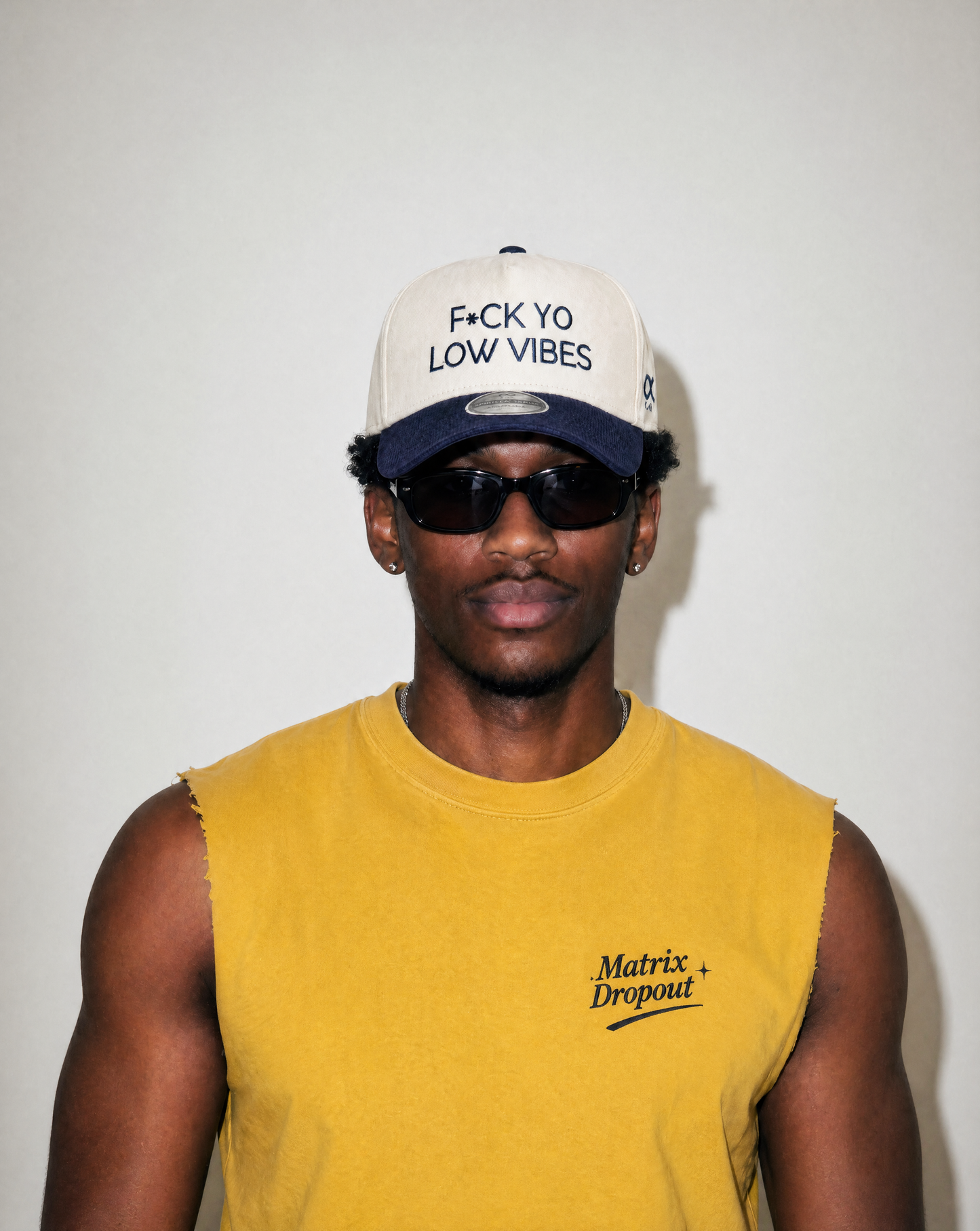Person wearing a cap with text and sunglasses, wearing a yellow sleeveless shirt with branding.
