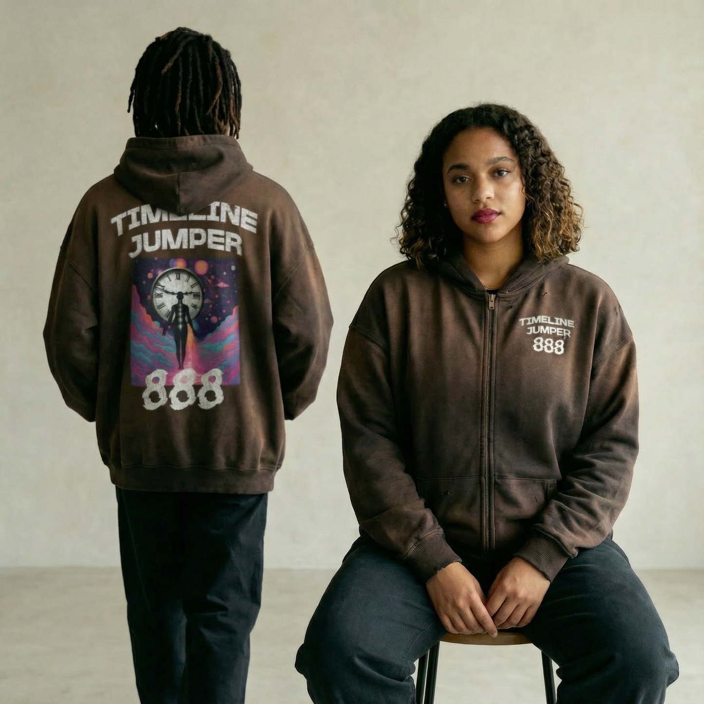 Glitch Timeline Jumper Sun-Faded Distressed Zip-Up Hoodie