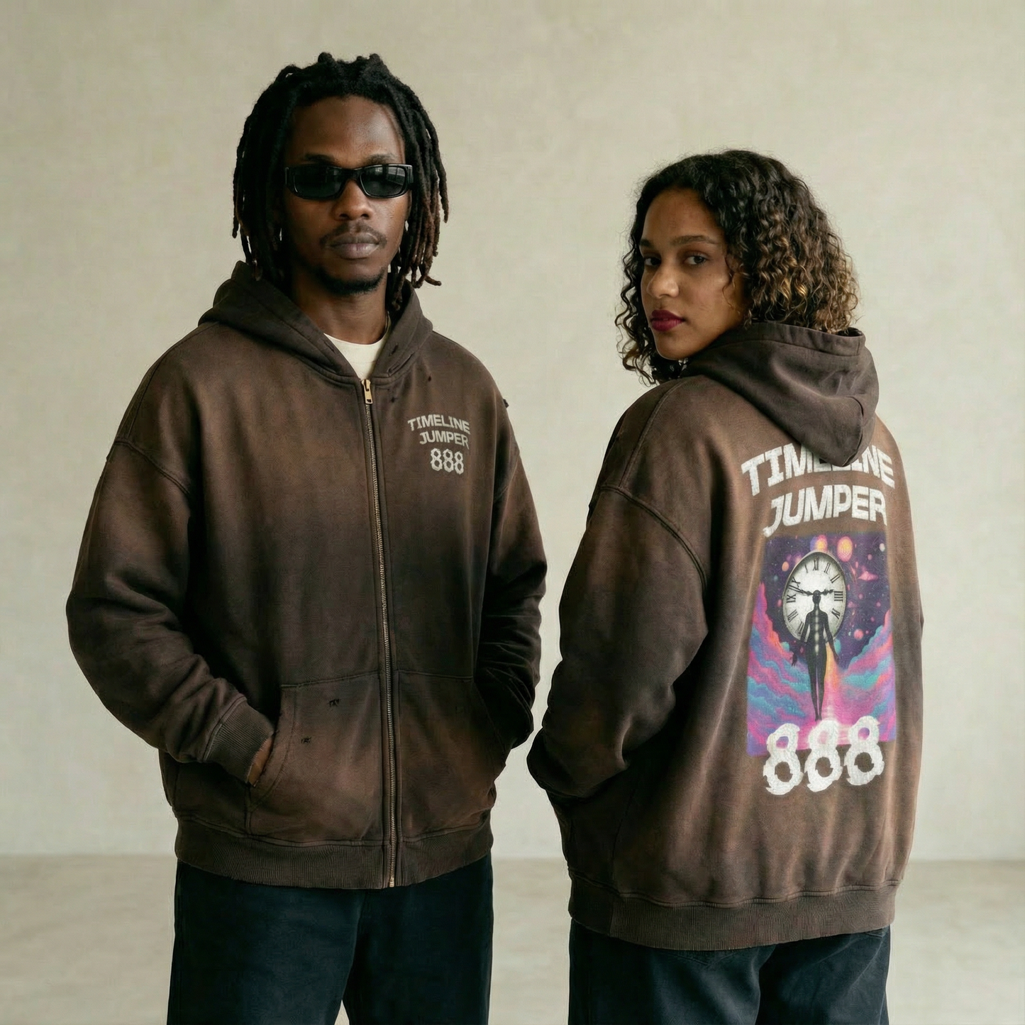 Glitch Timeline Jumper Sun-Faded Distressed Zip-Up Hoodie