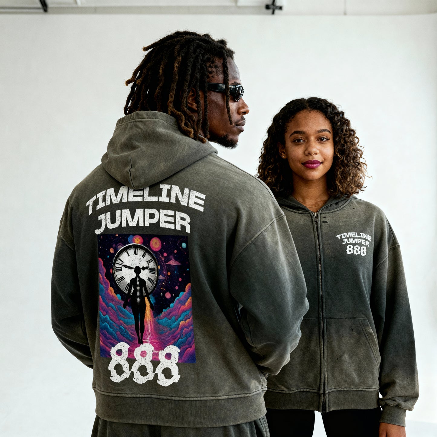 Glitch Timeline Jumper Washed Distressed Zip-Up Hoodie
