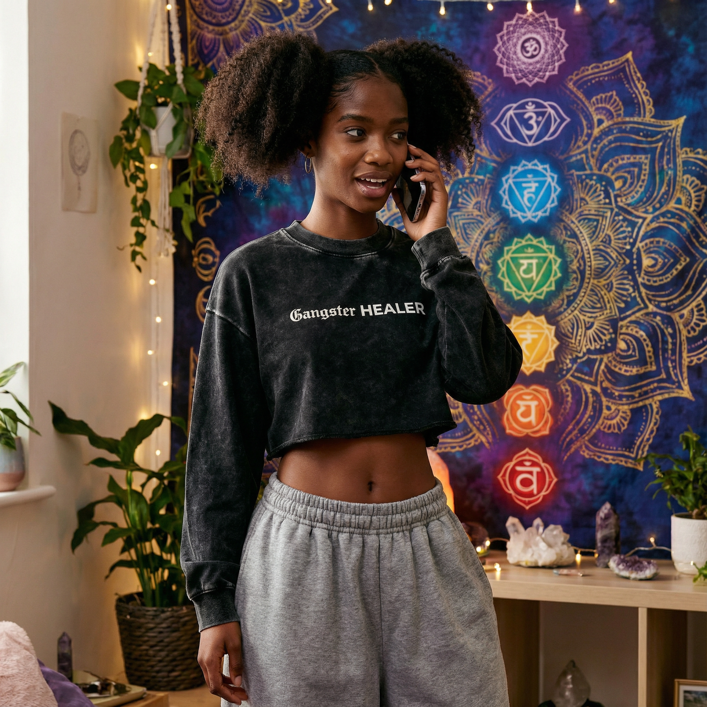 Gangster Healer Snow Washed Raw Edge Cropped Sweatshirt