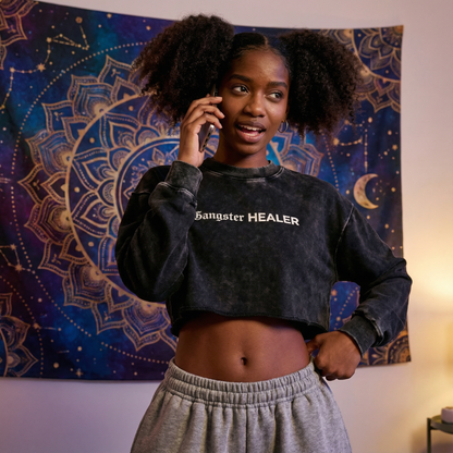 Gangster Healer Snow Washed Raw Edge Cropped Sweatshirt