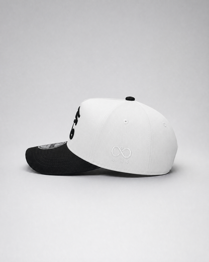 Two baseball caps, one black and one white with a logo, on a light gray background.